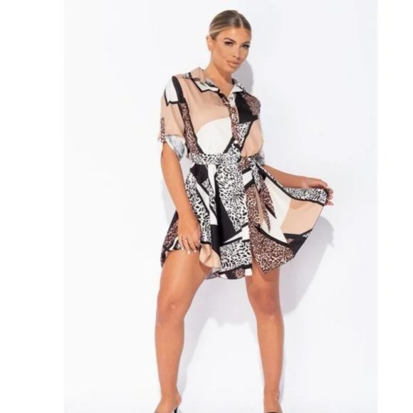 Leopard Print Abstract Print Long Roll Tab Sleeve Loose Fit Mini Shirt Dress - Picture 2 of 9